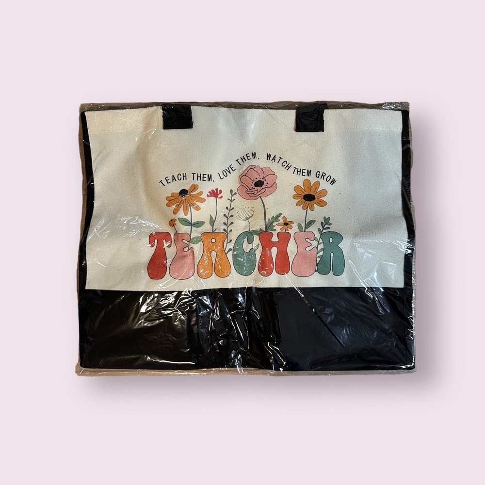 Teacher Tote Bag Floral "Teach Them Love Them Watch Them Grow" Graphic Canvas